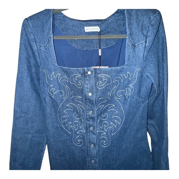Avec Les Filles Western Long Sleeve Denim Minidress Provence Wash Size 8 NWT - Picture 6 of 9